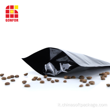 Borse da caffè con chiusura a cerniera in alluminio nero da 16 once con valvola